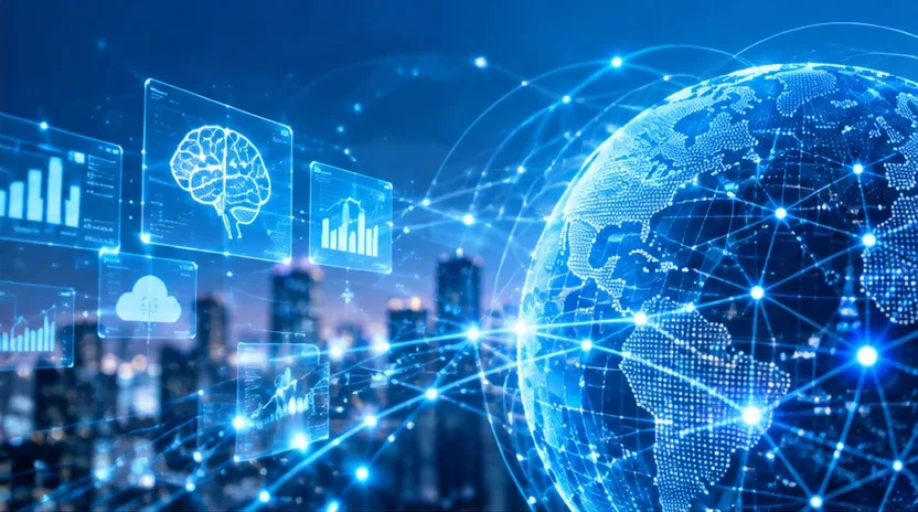 地球とネットワークの光、AIやデータを表すパネルのイメージ画像(AI生成)