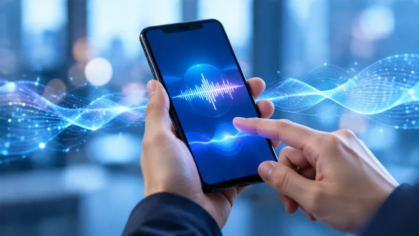 音声の波形が映るスマートフォンを操作する手元のイメージ画像(AI生成)